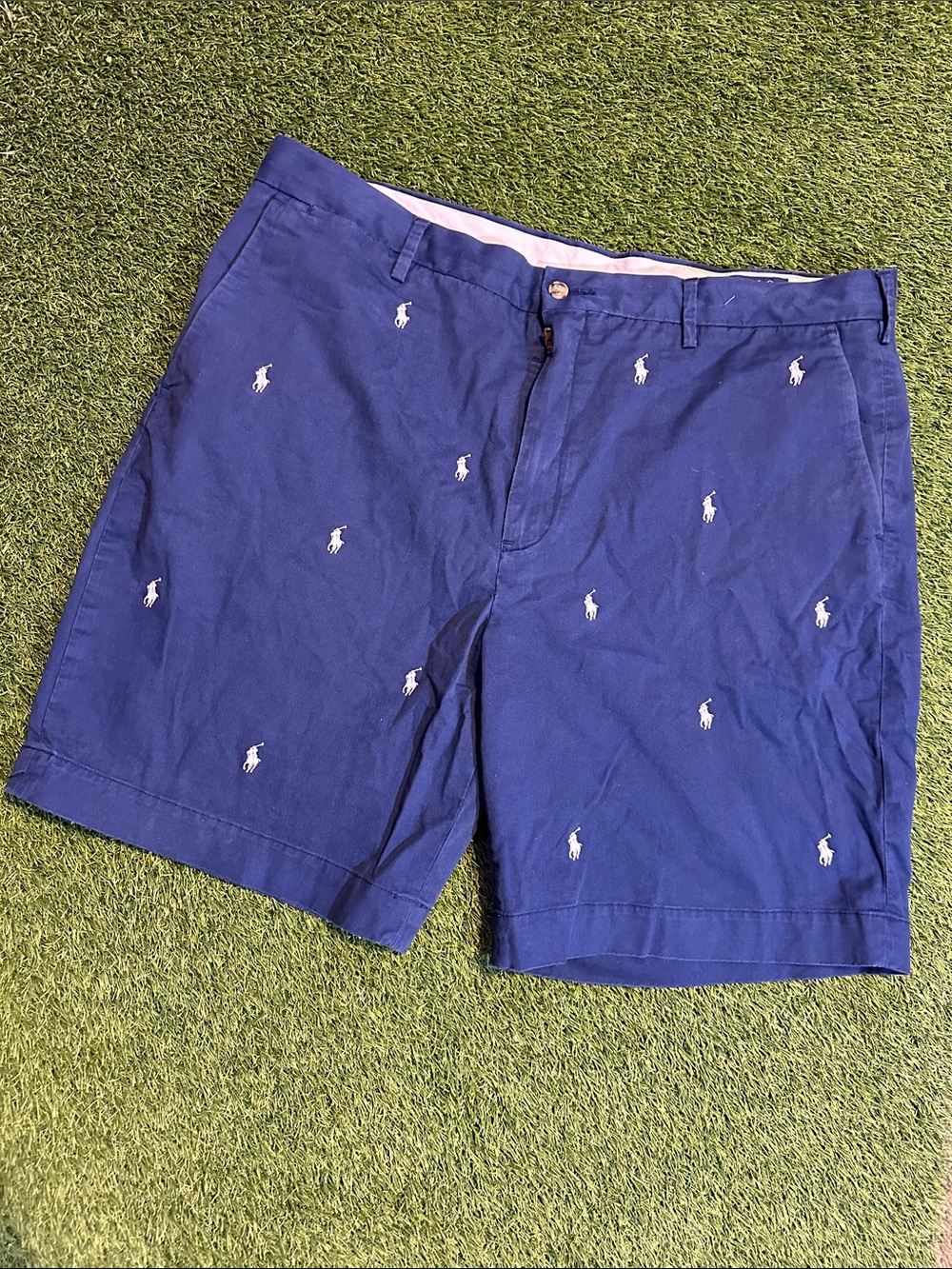 Ralph Lauren Men’s Navy Royal Blue Embroidered All Over Monogram Polo Shorts 40